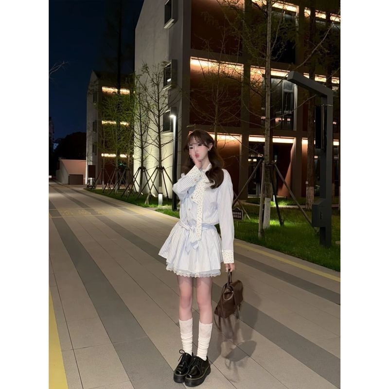 学院风条纹长袖衬衫连衣裙秋季2025新款波点蝴蝶结设计感收腰短裙|undefined