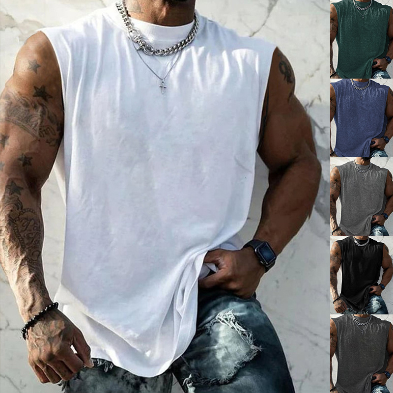 White Ink Printing One Piece Made Men's Summer Fitness Wide Shoulder Casual Loose Running Sleeveless Vest