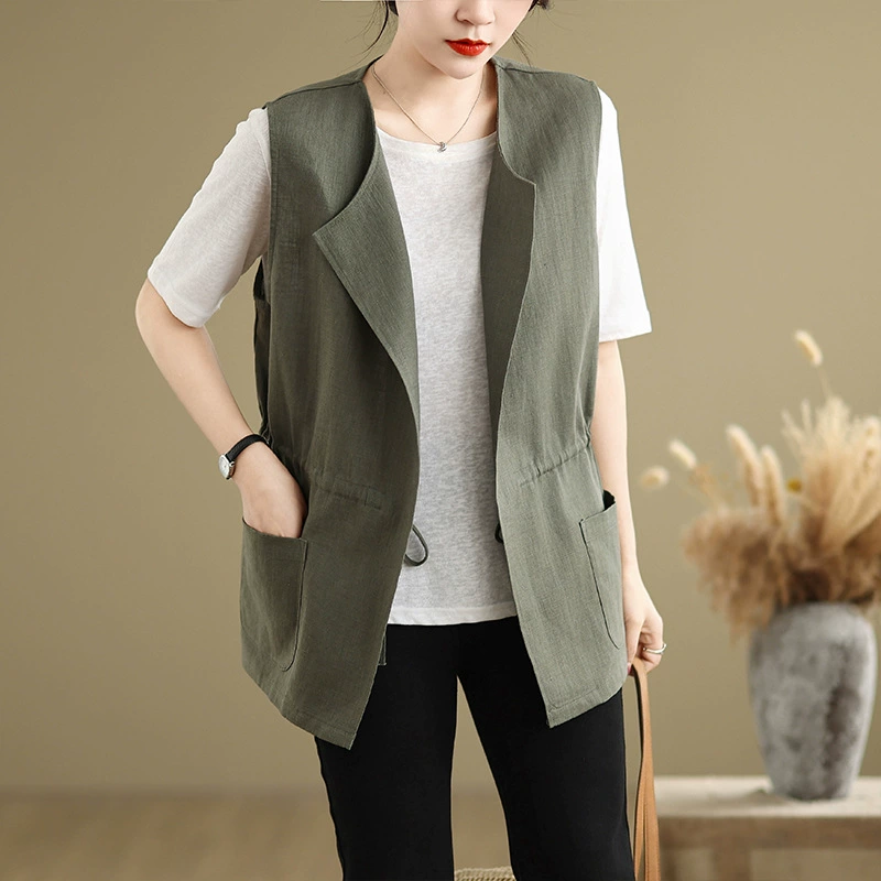 Реальный выстрел 2025 весна и лето новый хлопок и лен свободный дикий жилетка жилет женский жилет
