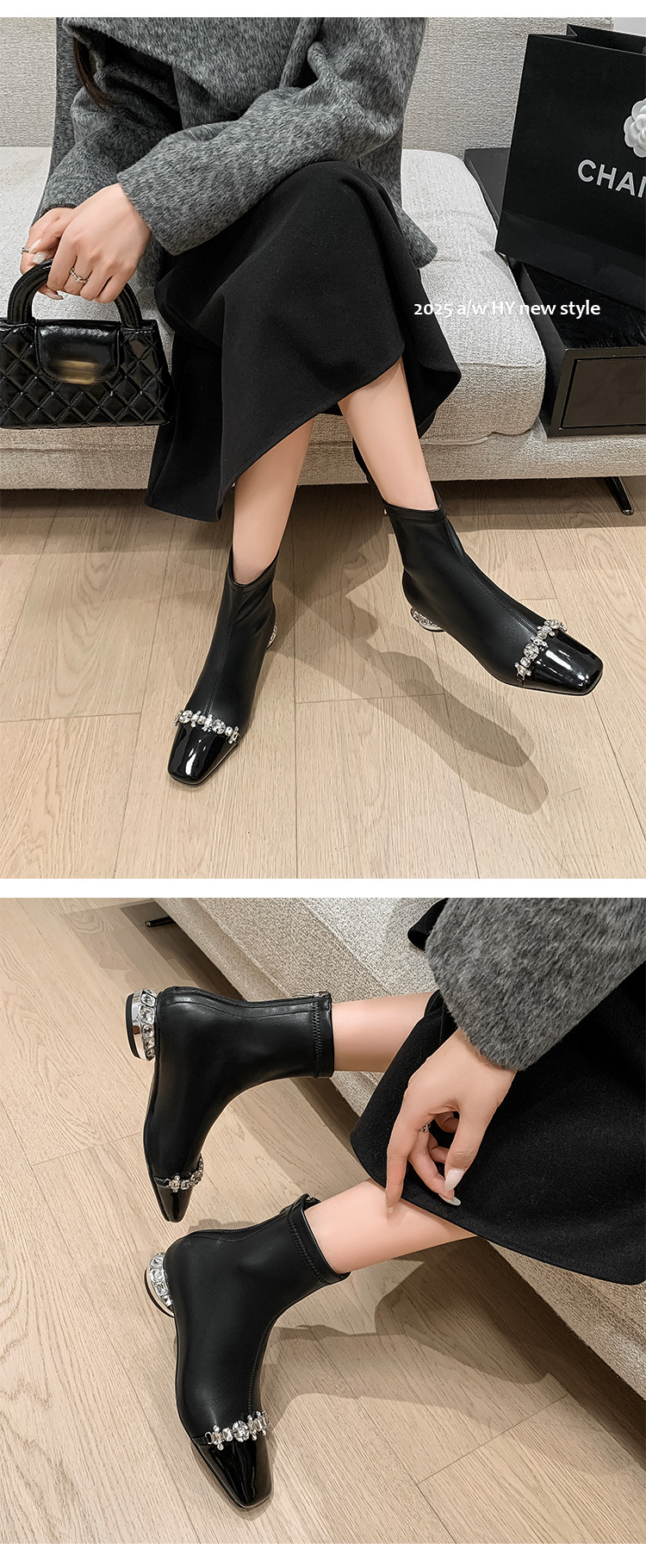 Boot ngắn nữ mũi vuông gót thấp khóa kéo sau chất nhũ đá phong thủy — nhung đen chi tiết 19