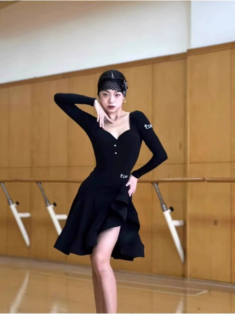 Latin танцевальная одежда бренда CLW с квадратным воротником латинский современный топ с длинными рукавами