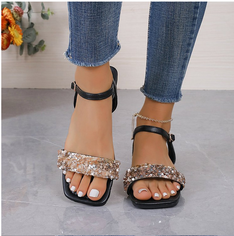 Women's Streetwear Solid Color Rhinestone Square Toe Open Toe Ankle Strap Sandals Empty display picture 9