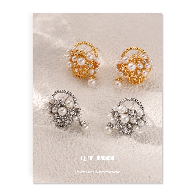 Europa y América retro estilo francés de alto nivel de nicho de diseño de viaje universal zircon perla canasta pendientes para mujeres image 4