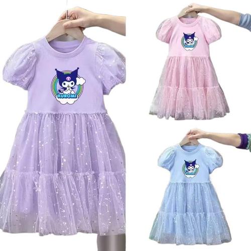 Summer princess dress for girls, children bubble sleeve chiffon dress, Kuromi dress for girls, A-line medium-length dress