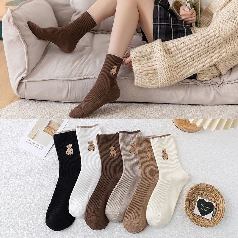 Bear socks women's embroidery autumn and winter breathable cartoon tube cute Japanese students all-match teddy bear Korean version of autumn and winter