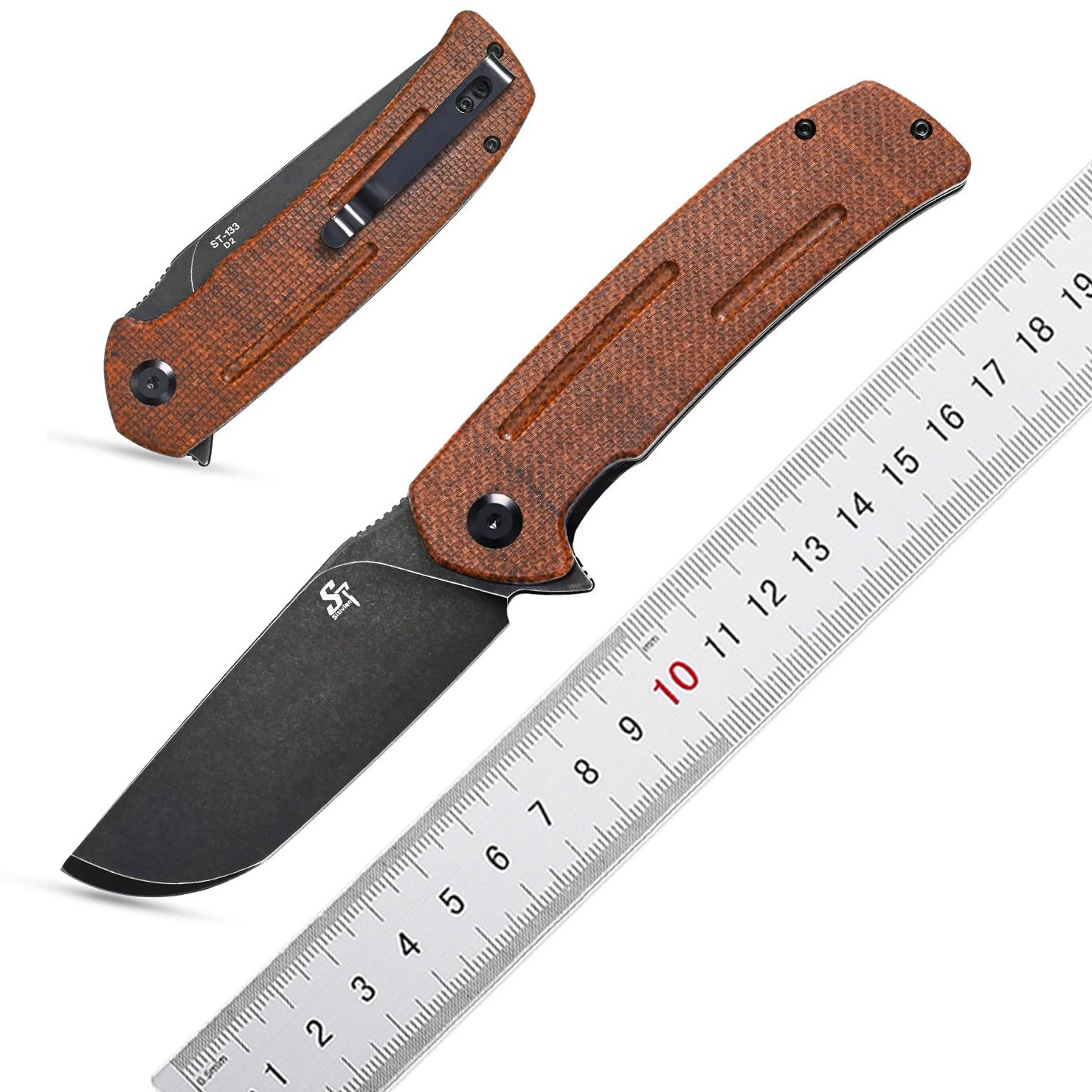 ST133口袋刀D2钢材+亚麻手柄折叠刀适用于户外露营工具EDC