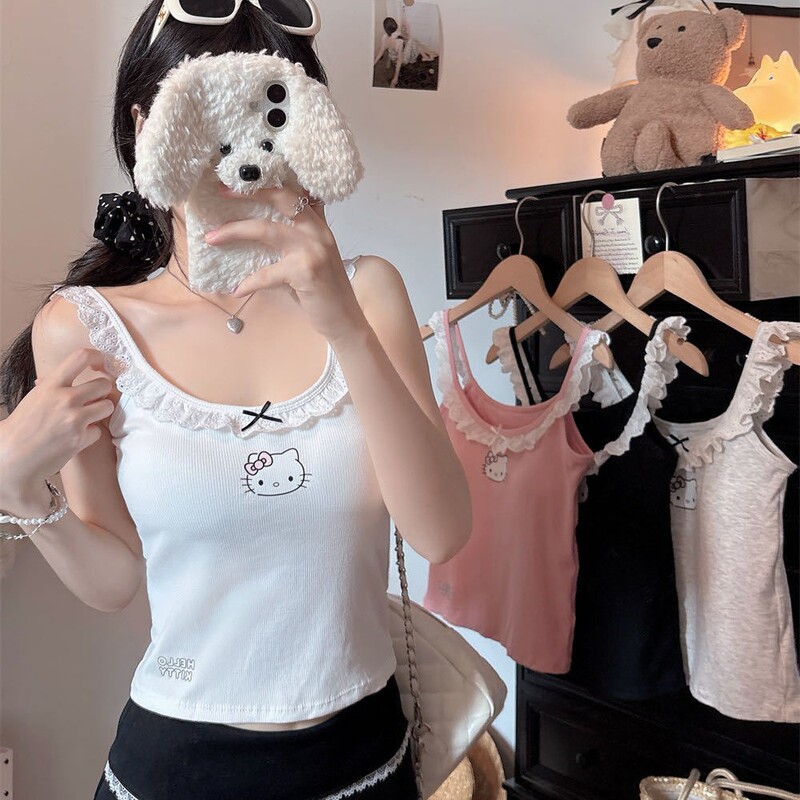 1198 # Sweet Lace Cute Kt Cat Print Camisole with Beautiful Back Japanese Style Cute Girl Sleeveless Top with Chest Pads 1198 # Sweet Lace Cute Kt Cat Print Camisole with Beautiful Back Japanese Style Cute Girl Sleeveless Top with Chest Pads