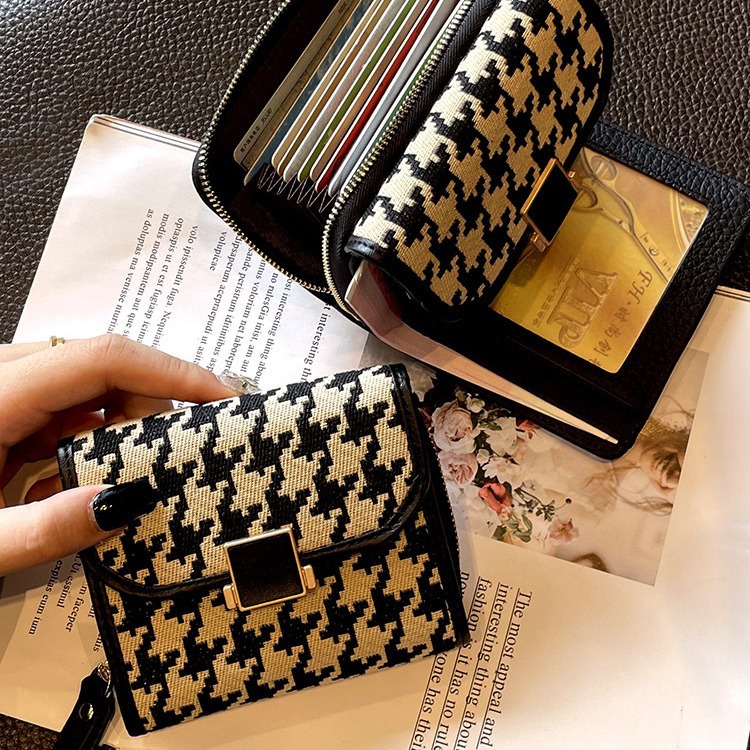 Women's Houndstooth Pattern Short Card Holder Multi Card Slot Wallet Tri Fold Design Bank Card Coin Purse High End Feel_voghion.com