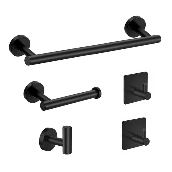 Cross-border Supply Stainless Steel Bathroom Hardware Kit Tissue Holder Bathrobe Hook Towel Bar Black Silver Five-piece Set
