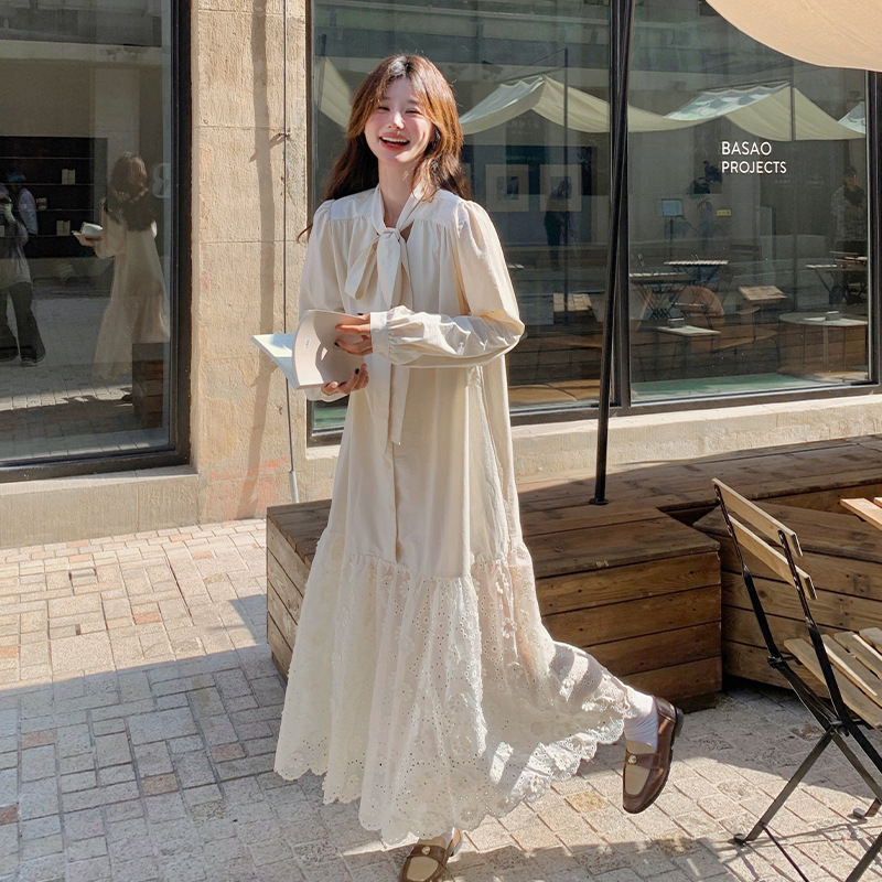 Beige Cool Style Bow Cute Girly dress Loose plus size chubby girl Fishtail Shirt Dress Autumn Pregnant Women