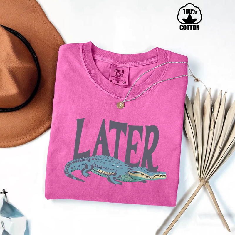 T-Shirt with Print "See You Later, Crocodile!" Round Neck Loose Short-Sleeve Casual T-Shirt for Women Pure Cotton Washed and Distressed T-Shirt with Print "See You Later, Crocodile!" Round Neck Loose Short-Sleeve Casual T-Shirt for Women Pure Cotton Washed and Distressed