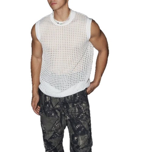 European and American men's summer fashion: Loose-fit, solid-color, hollow-out top—casual, breathable, and versatile knit vest for men