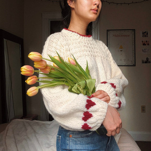 Spring sweater, knitted long-sleeve, European style, round collar, loose fit