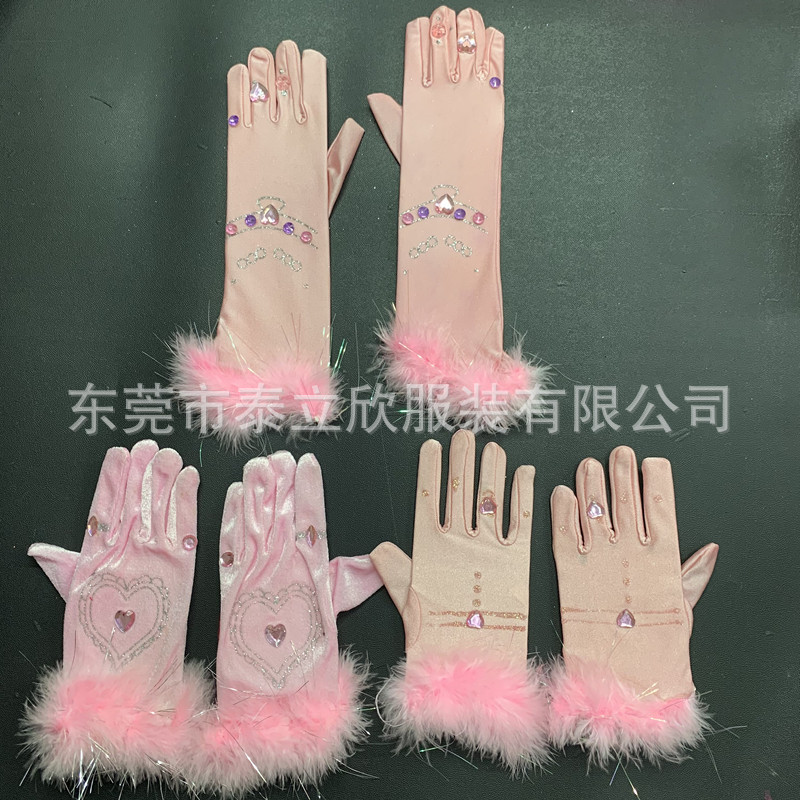 新款儿童手套欧美时尚服装表演派对桃心手套手绘印花布艺羽毛配饰