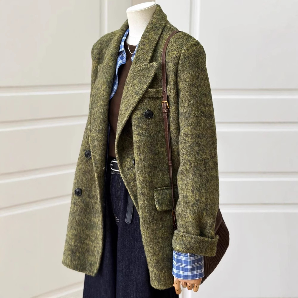 Oil Painting Green Shoulder Double-Sided Cashmere Coat High-end Suit Small Wool Coat Woolen Coat Short