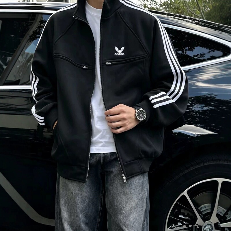 Cross-border trendy brand new three-stripe American-style stand-up collar patchwork spring and autumn casual loose versatile jacket, straight cut Cross-border trendy brand new three-stripe American-style stand-up collar patchwork spring and autumn casual loose versatile jacket, straight cut