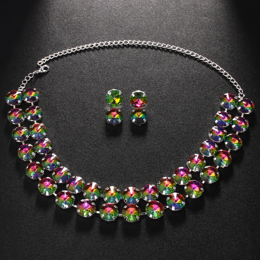 Conjunto de joyas redondas de doble capa simple, temperamento, clavícula de diamante, accesorios de pendientes de novia, conjunto de joyería