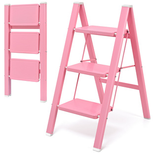 Gemeiju Ladder Household Folding Pink Ladder Thickened Carbon Steel Herringbone Ladder Indoor Multifunctional Four-step Ladder Stool