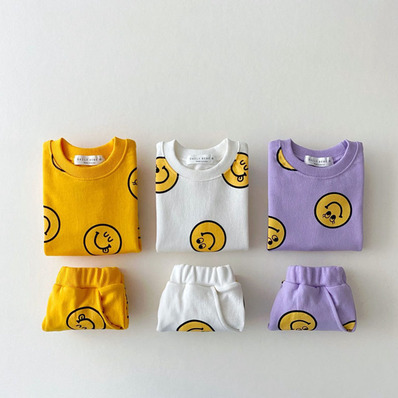 Spot Korean Style Children's Clothing Summer Short-Sleeved Tops for Boys and Girls Smiling Face Casual Shorts Suit Children's Cool