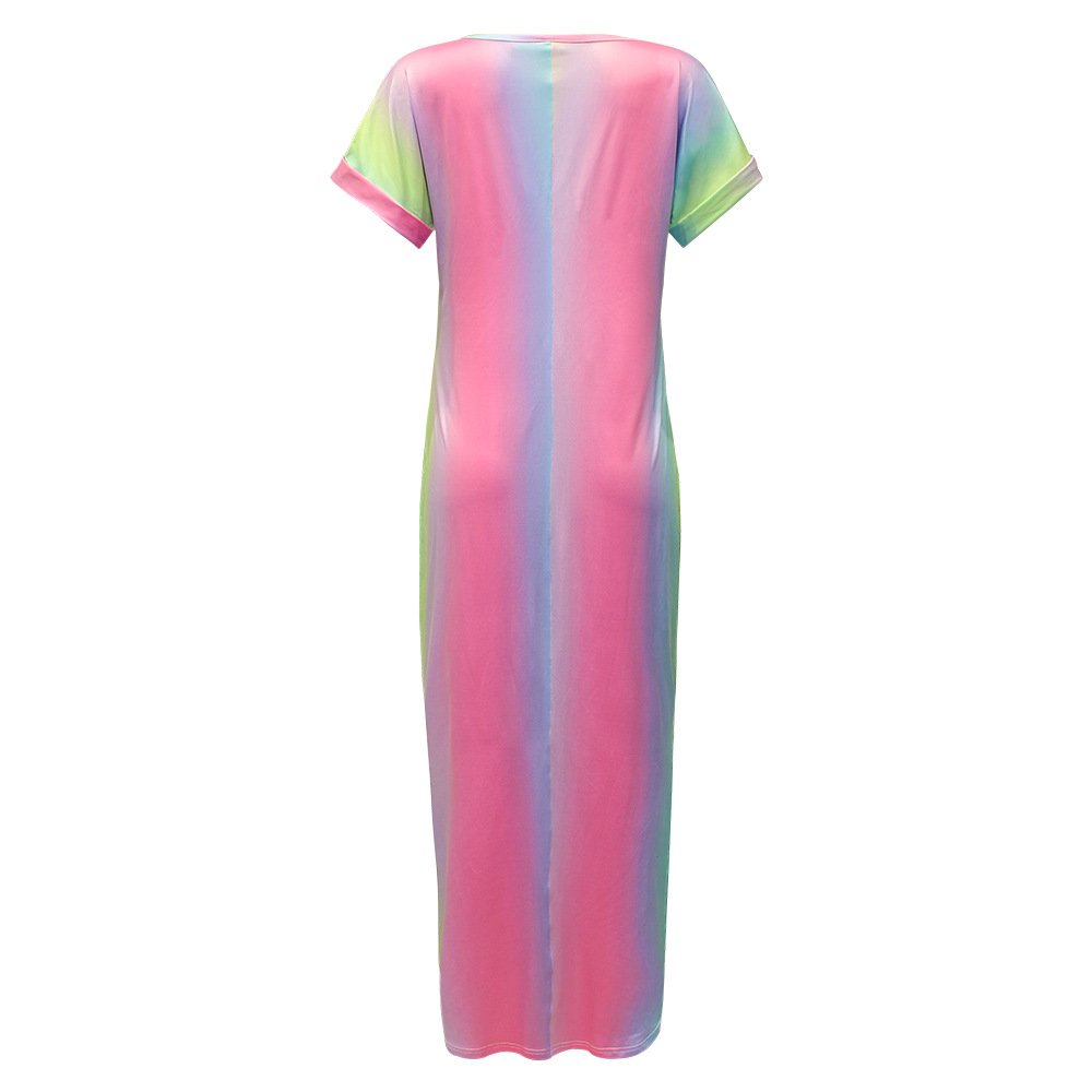 Summer Women Clothing Tie-Dye Printed V-neck Short Sleeve Loose Casual Dress Maxi Dress