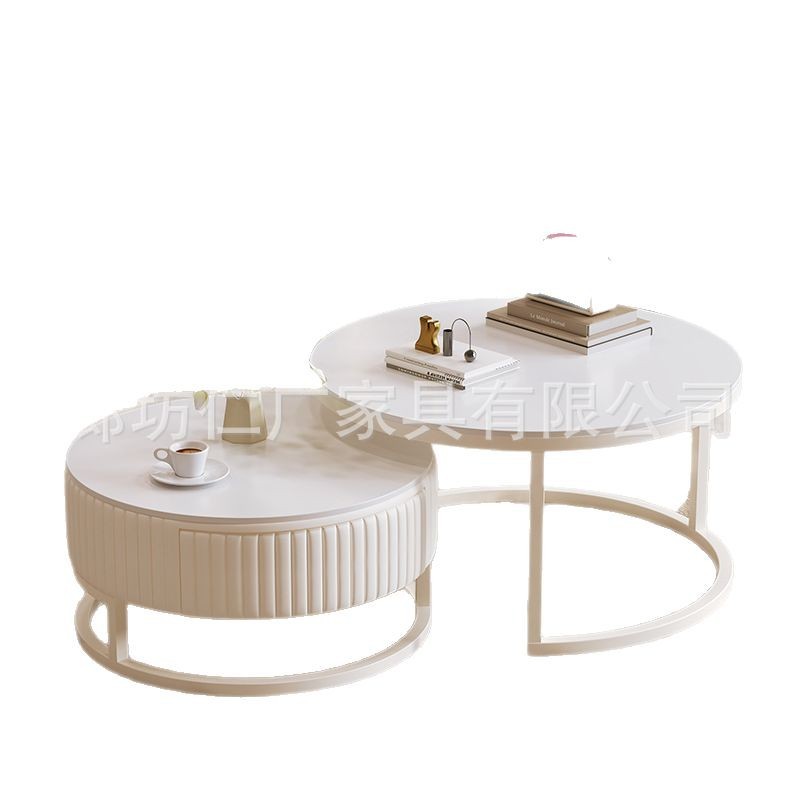Mesa de centro de pizarra de roca personalizada, sala de estar, hogar, apartamento pequeño, mesa de té moderna de lujo ligero, estilo crema, vidrio redondo, combinación simple