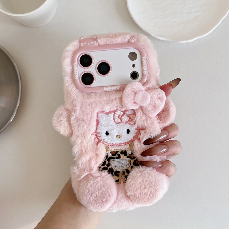 Plush Hello Kitty 3D Iphone16 Phone Case with Leopard Print Embroidery and Big Bow for Sweet Girls Plush Hello Kitty 3D Iphone16 Phone Case with Leopard Print Embroidery and Big Bow for Sweet Girls