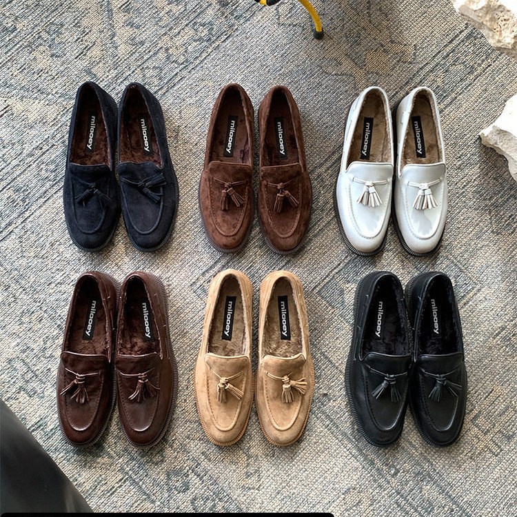 Qadın üçün retro həqiqi dəri loafer ayaqqabı, saçaqlı