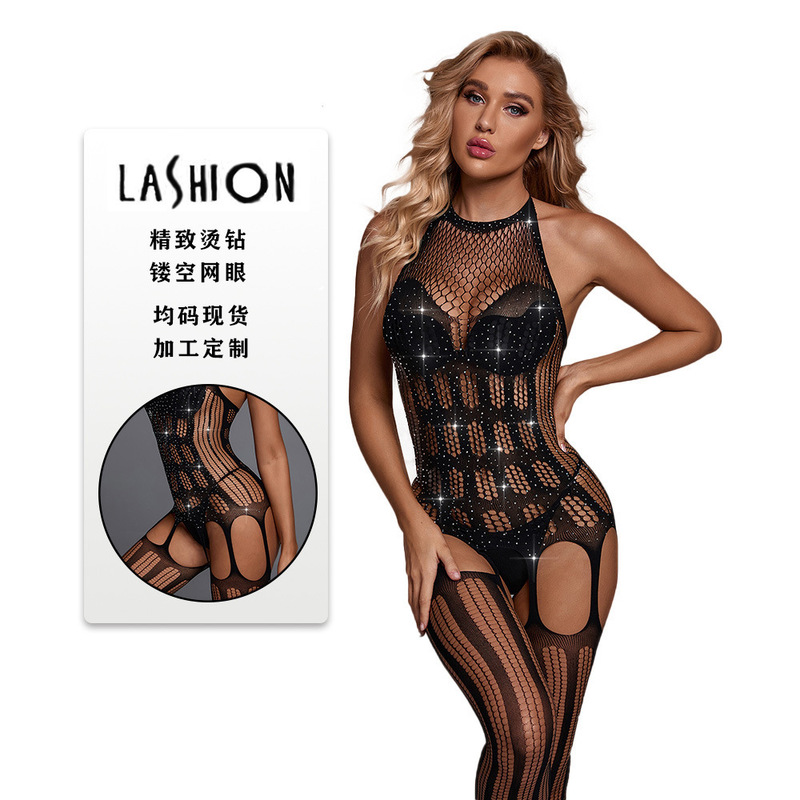 Amazon Cross-border Hollow Mesh Sexy Underwear Sexy Hot Drilling Gimme Star jumpsuit European and American Windmesh Clothes Agent