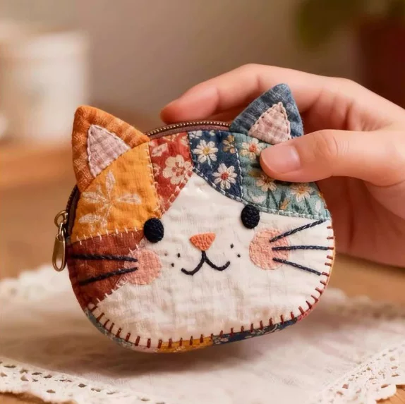 Japanese-Style Color-Blocking Patchwork Cat Coin Purse Cartoon Personality High-Value Makeup Bag Student Ruler Set Stationery Storage Bag