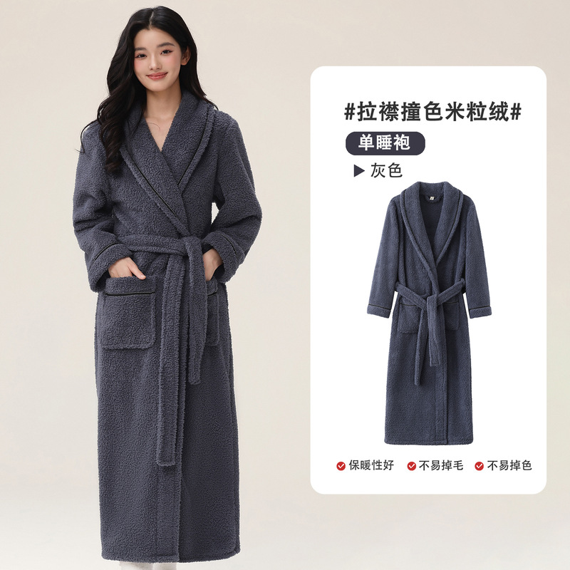 新款秋冬女睡袍半边绒加长加厚保暖睡衣情侣浴袍珊瑚绒家居服套装|undefined