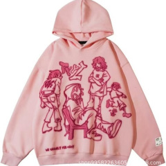 ラインキャラクタープリントフード付きスウェットシャツボーイズハイストリートファッションブランドデザインニッチルーズ秋冬プルオーバーパーカー