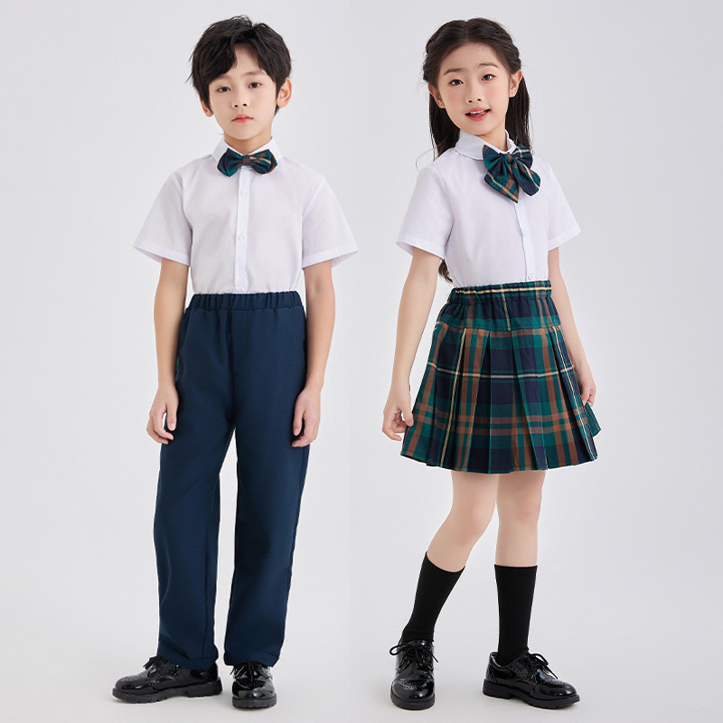 春夏新品小学生英伦风班服白衬衫藏青长裤格子裙毕业合影演出套装