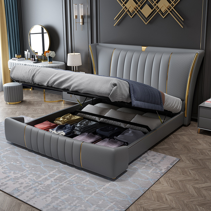 Cama de lujo ligero ins Internet Celebrity 1,8 m cama doble Dormitorio principal nórdico cama de boda chapado en oro bolsa suave moderna simple cama de cuero real