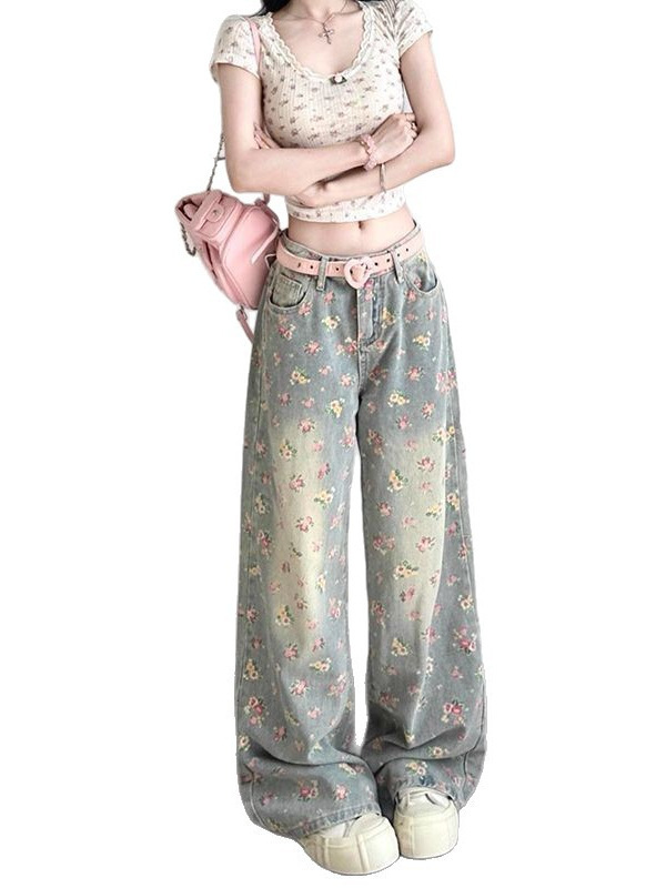 美式复古水洗花卉满印牛仔裤女夏季设计感高腰宽松显瘦直筒阔腿裤|undefined
