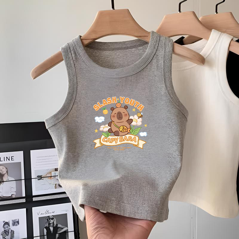 Girls' Clothing Pure Cotton Gray Sleeveless T-Shirt Vest Summer Korean Style Medium and Large Children's Fashionable Suspender Tops for Outer Wear