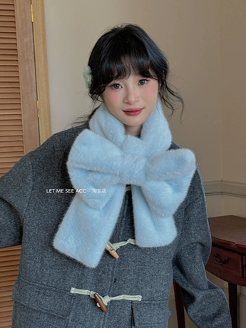 大蝴蝶结毛毛围脖女可爱甜美少女纯色秋冬季防寒百搭围巾保暖脖套