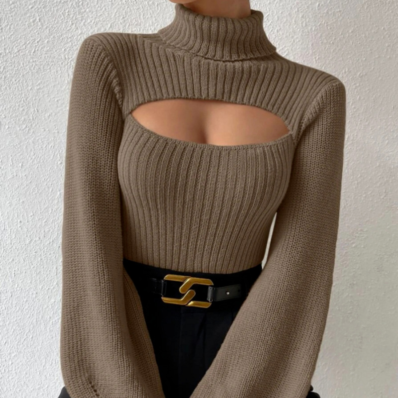 Suéter Sexy de Manga Larga para Mujer, Estilo Europeo y Americano, para Comercio Transfronterizo, Primavera y Otoño, Cuello Alto Calado, Tejido de Punto image 8
