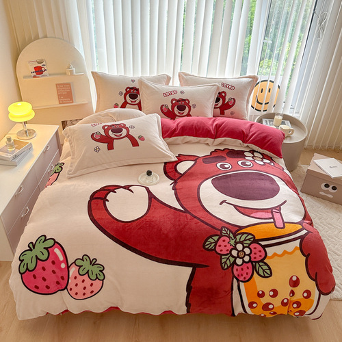 Cartoon Strawberry Bear Milk Velvet Four-piece Winter Thickened Coral Velvet Bedding Flannel Quilt Cover Sheets