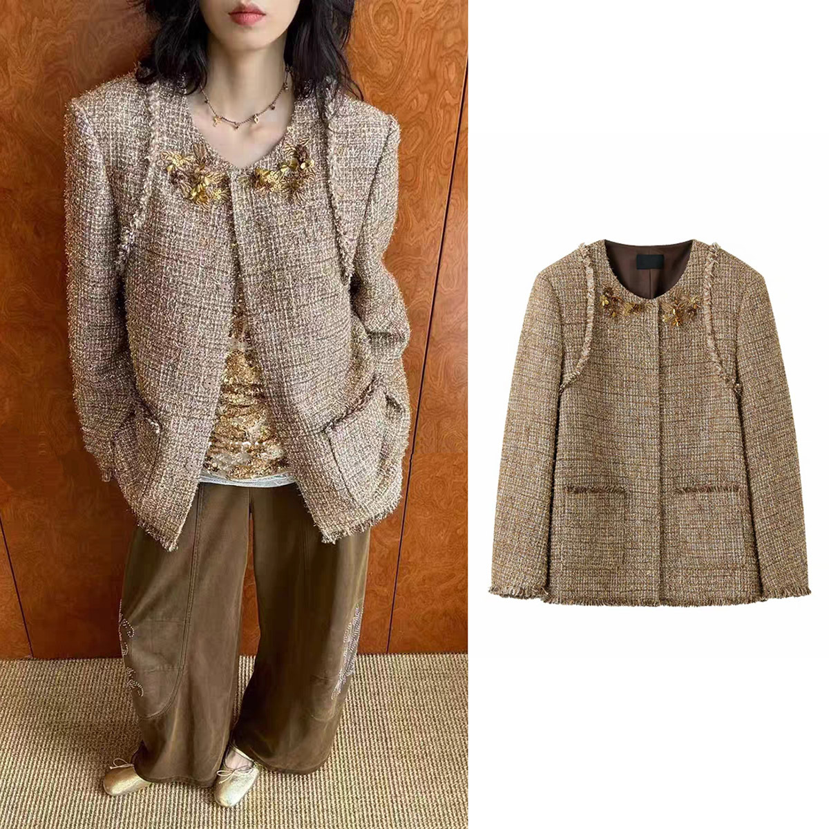 High-End Custom 25Ic Brand Loose and Versatile Chanel-Style Beaded Mid-Length Coat with Segmented Brushed Fabric Top