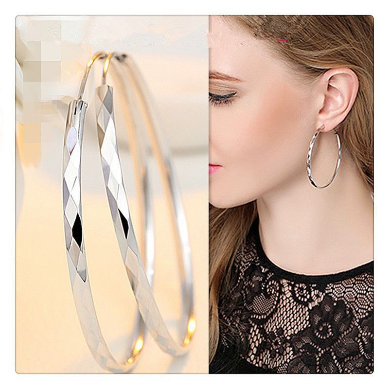 Large Hoop Earrings with S925 Silver Posts, Exaggerated Design, White Copper Engraved, Platinum-Plated, Large Circle Studs, Trendy Round Earrings