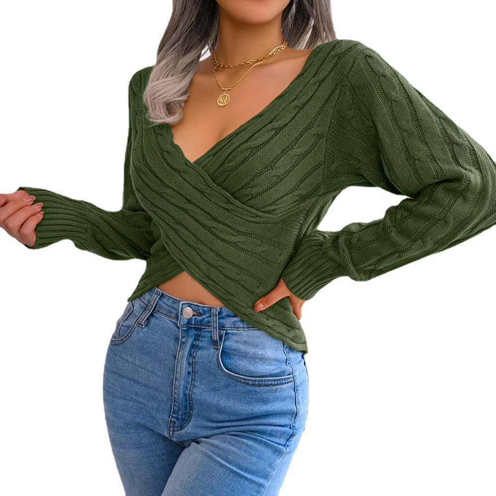 Sexy Cross V Neck Twist Long Sleeve Crop Sweater