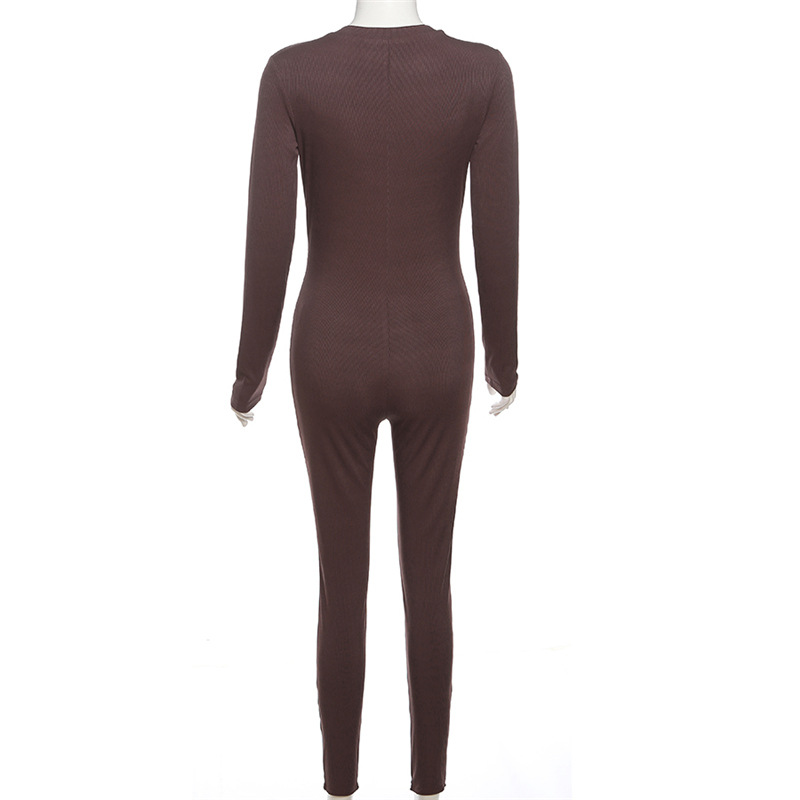 Fall Women Clothing Sexy Yoga Low Collar Solid Color Long Sleeve Narrow Slim Long Jumpsuit