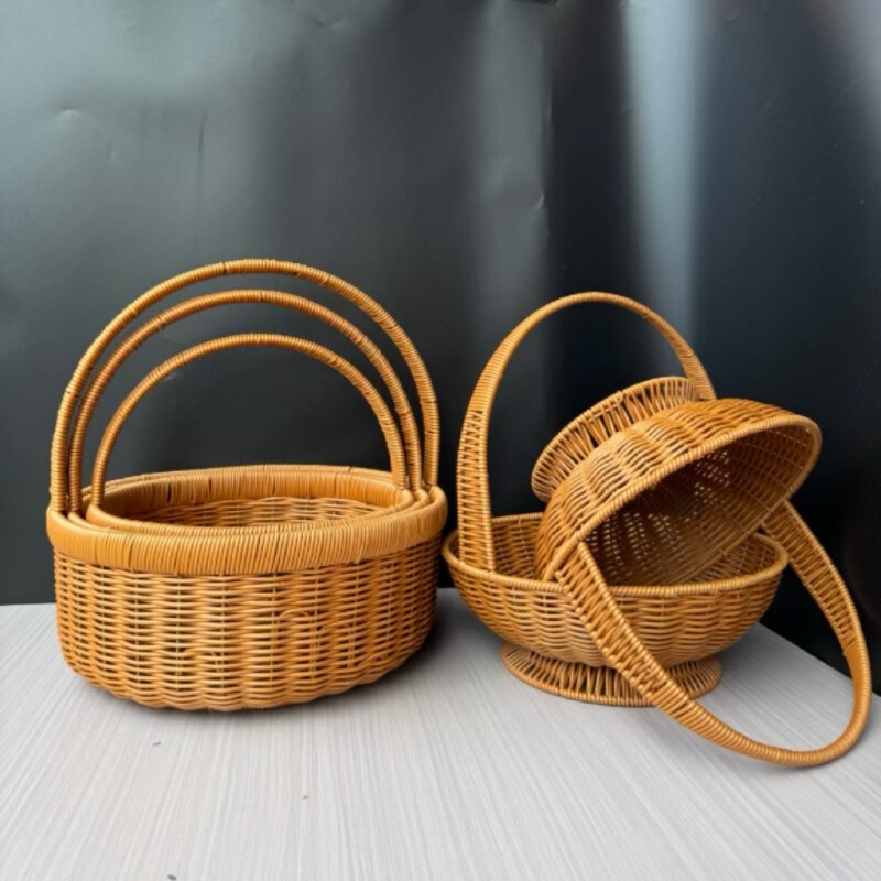 Hot Fruit Basket Outdoor Picking Basket Rattan Hand Basket Imitation Rattan Flower Basket Mesh Decorative Hand Basket Source Manufacturer