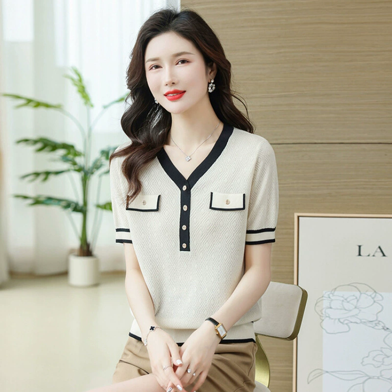 Летняя тонкая женская футболка из ледяного шелка, V-образный вырез, большой размер, короткий рукав, коллекция 2025 года, для молодых мам.