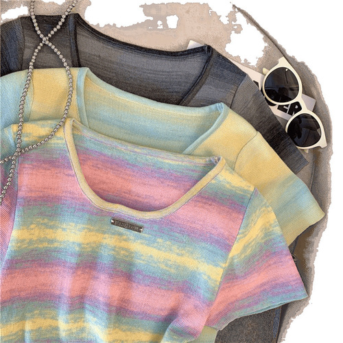 Dopamine Color Block Striped T-Shirt for Women - Summer Design Inspired, Unique Knit Short Sleeve Sweet and Spicy Style Short Top