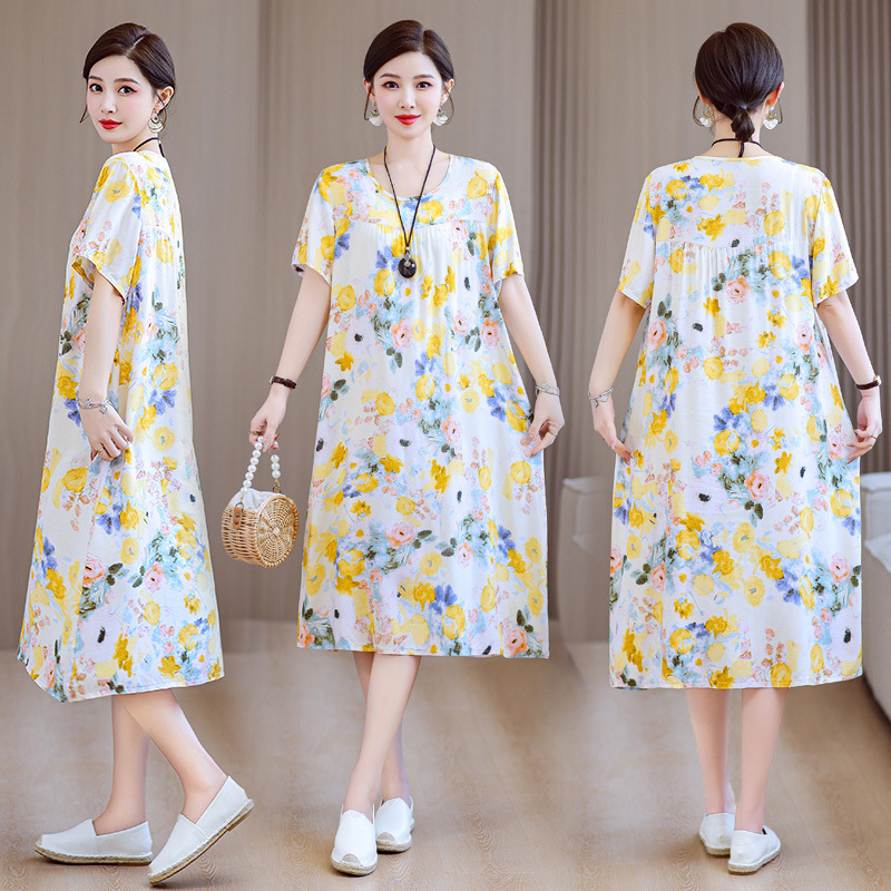 Mother's wear summer cotton silk dress middle-aged and elderly women's printed loose plus size nightdress mid-length homewear