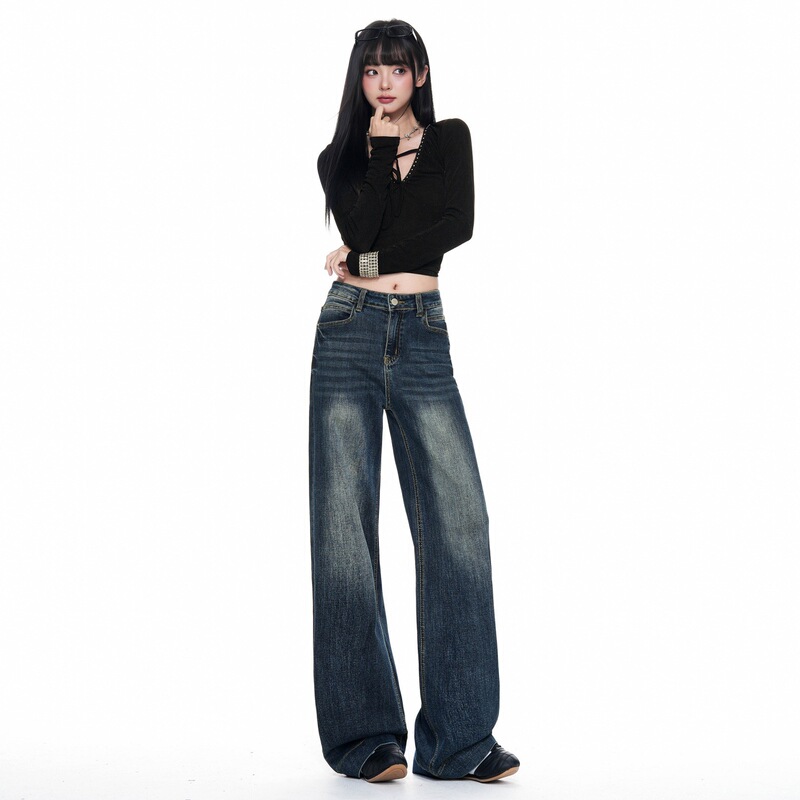 Blue-gray straight-leg high-waisted wide-leg jeans for women, 2026 early autumn new style, simple and high-quality cotton wide-leg pants