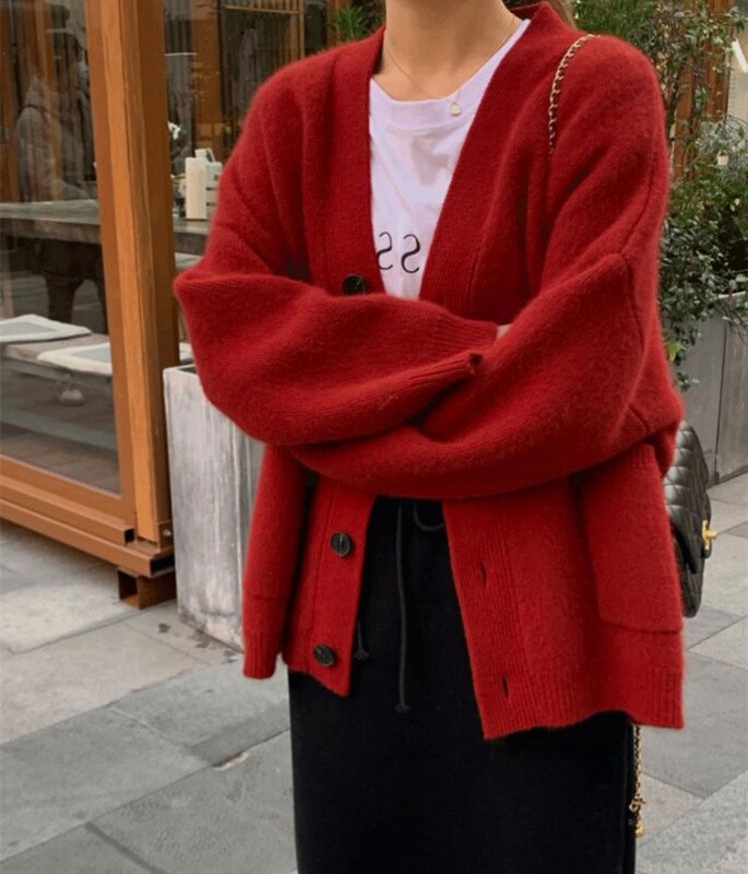 100羊毛开衫女中长款秋冬老钱风v领宽松针织衫加厚羊绒毛衣外套|undefined