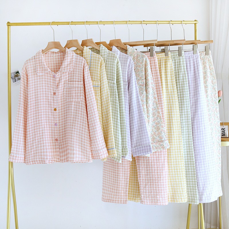 [Customized] Bubble Cotton Gauze Pajamas, Spring and Autumn Long Style, Thin Lapel Sweet Home Wear Pajama Set for Women, Summer