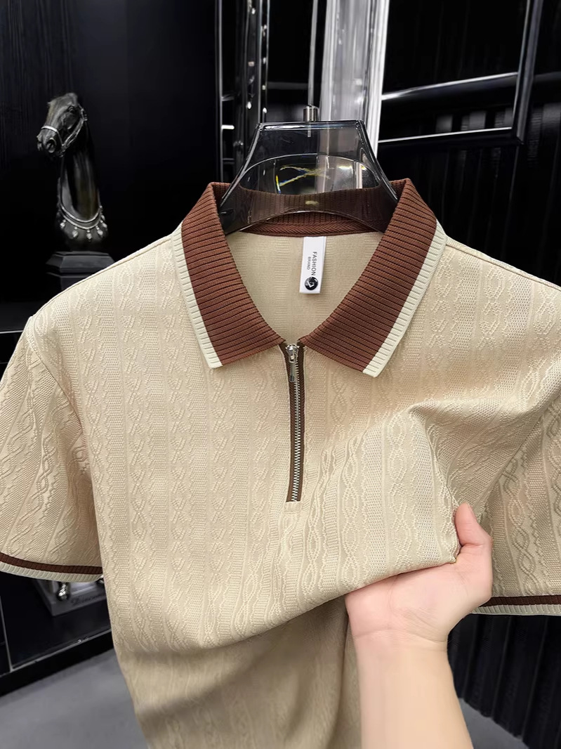 2026 Men's Short-Sleeved Summer New Style Lapel Jacquard Polo Fashion Pure Color Short-Sleeved Men's Tops for Young and Middle-Aged Men